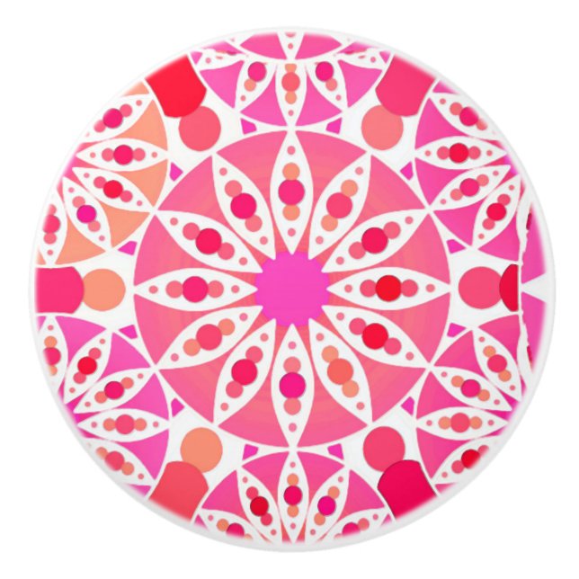 Mandala pattern, shades of pink and coral ceramic knob (Front)