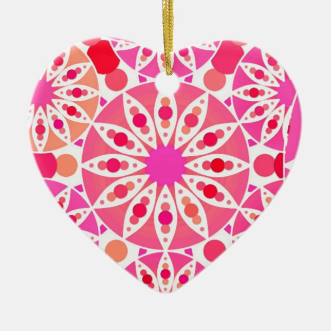 Mandala pattern, shades of pink and coral ceramic tree decoration (Front)