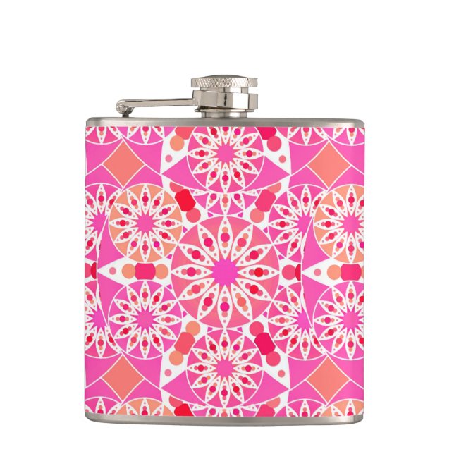 Mandala pattern, shades of pink and coral hip flask (Front)