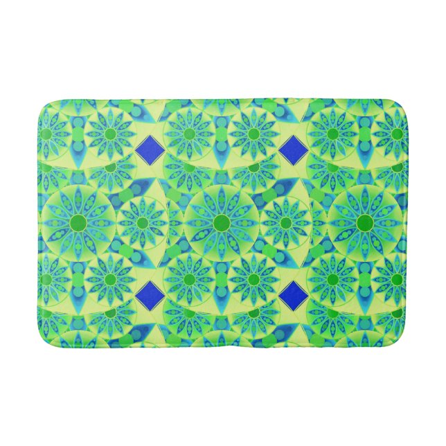 Mandala pattern, turquoise, blue, lime green bath mat (Front)