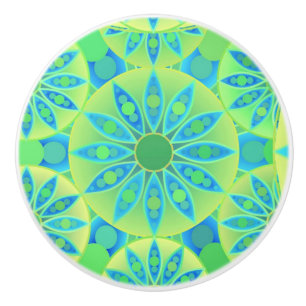 Mandala pattern, turquoise, blue, lime green ceramic knob