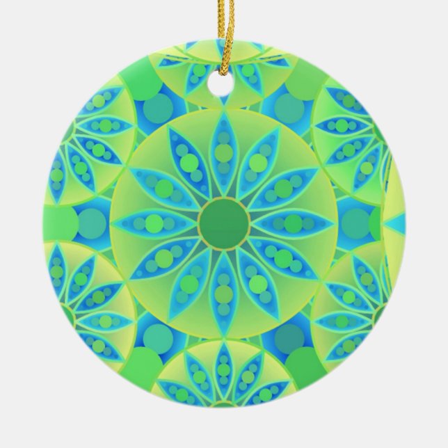 Mandala pattern, turquoise, blue, lime green ceramic ornament (Front)