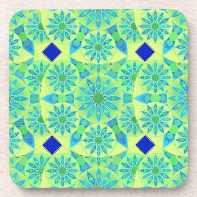 Mandala pattern, turquoise, blue, lime green coaster (Front)