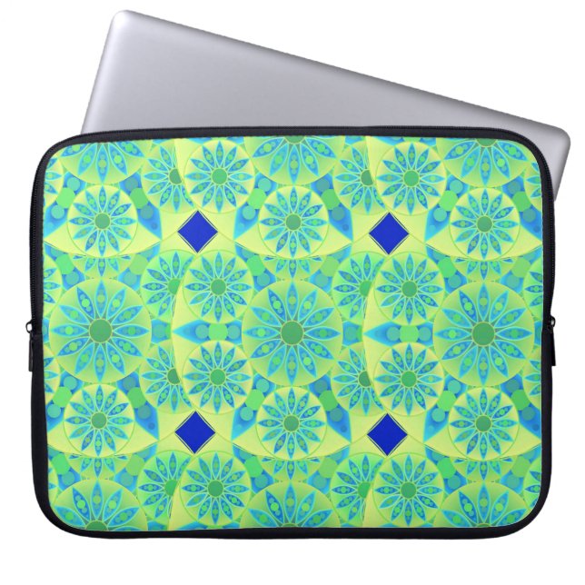 Mandala pattern, turquoise, blue, lime green laptop sleeve (Front)