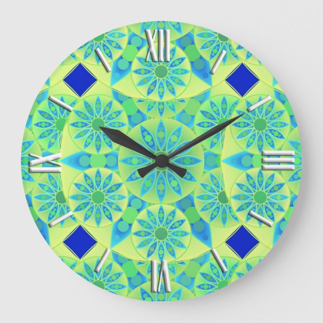 Mandala pattern, turquoise, blue, lime green large clock (Front)