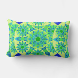 Mandala pattern, turquoise, blue, lime green lumbar cushion