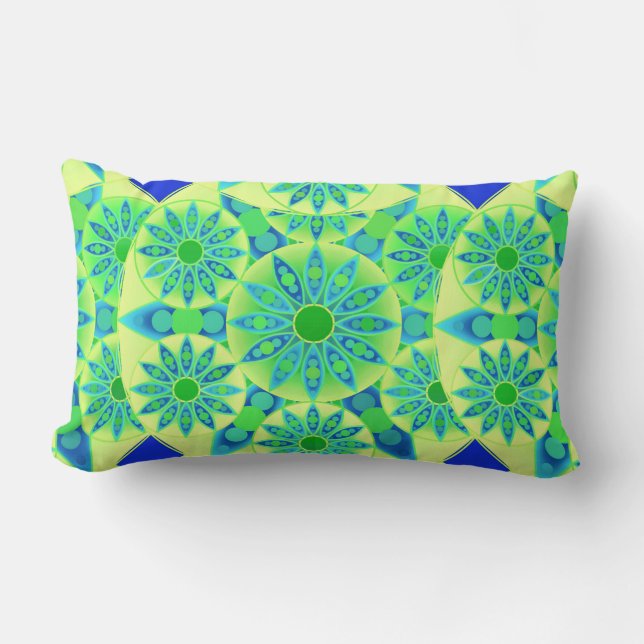 Mandala pattern, turquoise, blue, lime green lumbar cushion (Front)