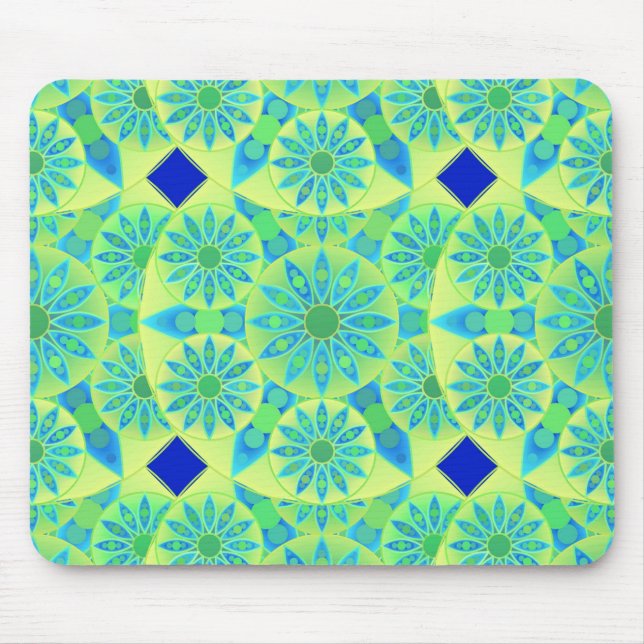 Mandala pattern, turquoise, blue, lime green mouse pad (Front)