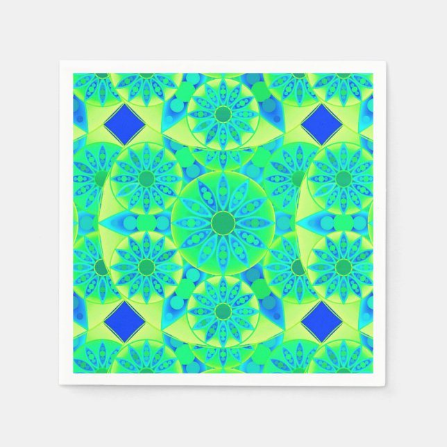 Mandala pattern, turquoise, blue, lime green napkin (Front)