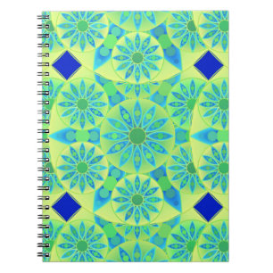 Mandala pattern, turquoise, blue, lime green notebook