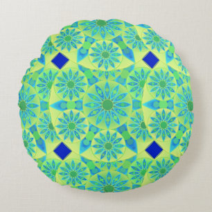 Mandala pattern, turquoise, blue, lime green round cushion