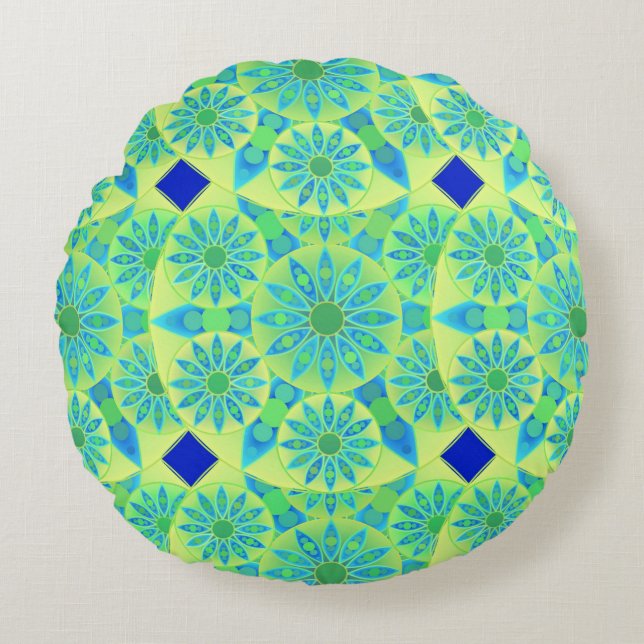 Mandala pattern, turquoise, blue, lime green round cushion (Front)