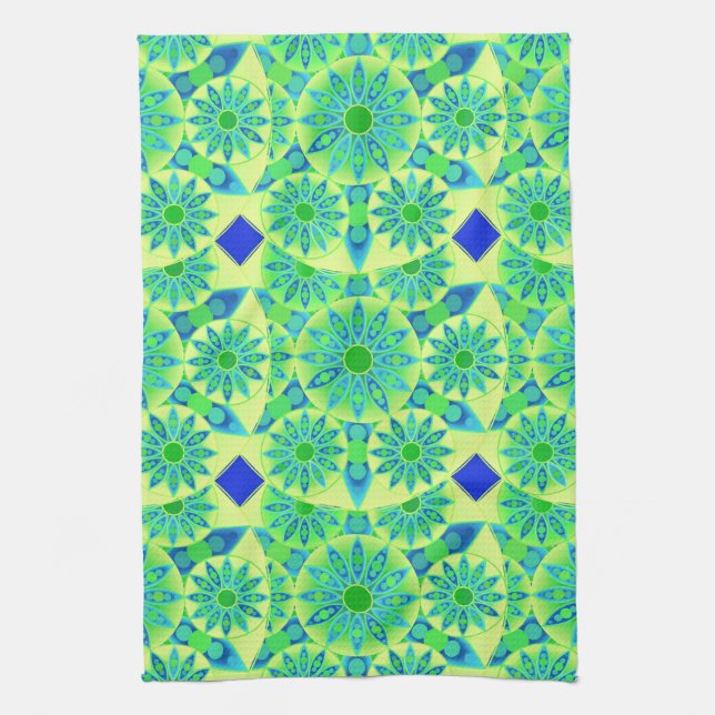 Mandala Pattern, Turquoise, Blue, Lime Green Tea Towel (Vertical)