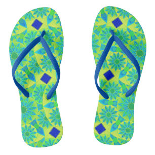 Mandala pattern, turquoise, blue, lime green thongs