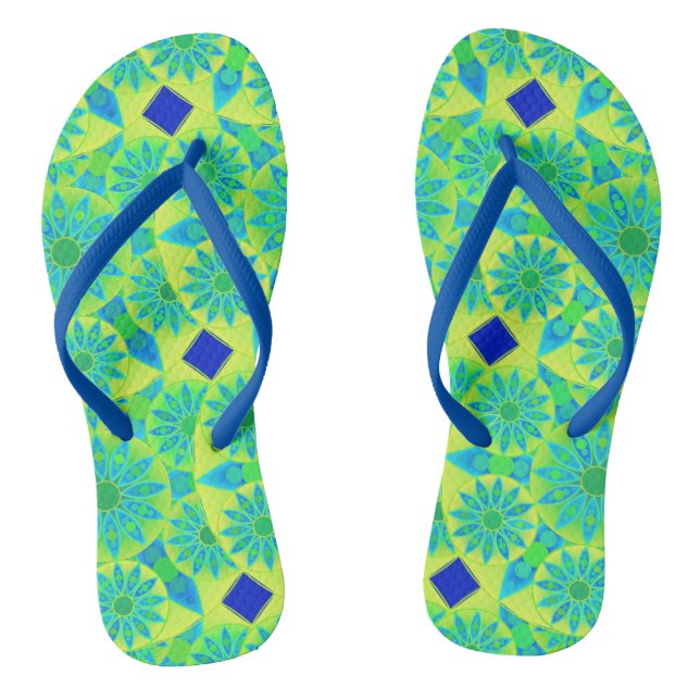 Mandala pattern, turquoise, blue, lime green thongs (Footbed)