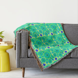 Mandala pattern, turquoise, blue, lime green throw blanket