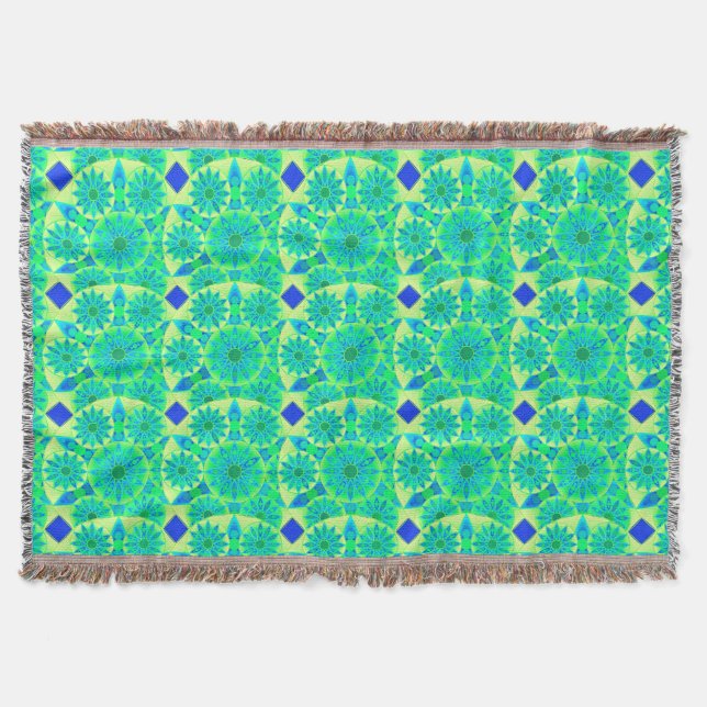 Mandala pattern, turquoise, blue, lime green throw blanket (Front)