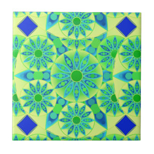 Mandala pattern, turquoise, blue, lime green tile
