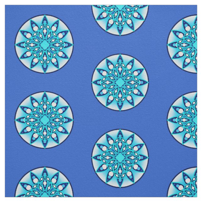 Mandala pattern, turquoise, cobalt blue and white fabric (Swatch)
