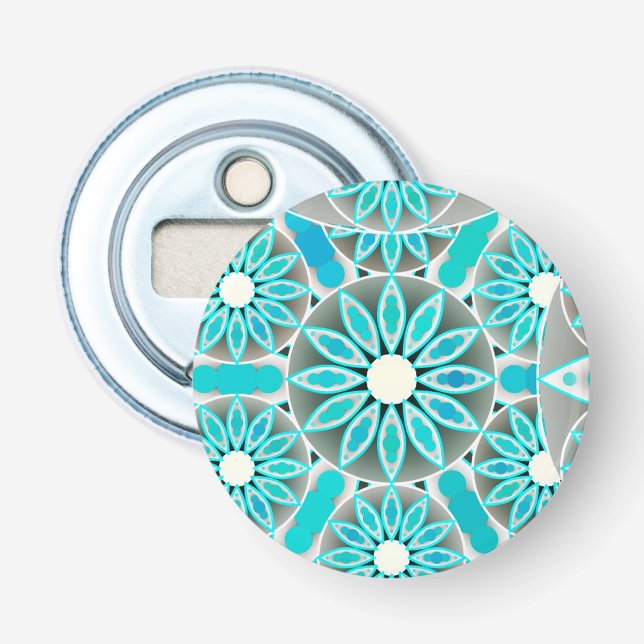 Mandala pattern, turquoise, silver grey and white bottle opener (Front)