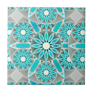 Mandala pattern, turquoise, silver grey and white ceramic tile