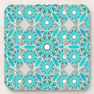 Mandala pattern, turquoise, silver grey and white coaster