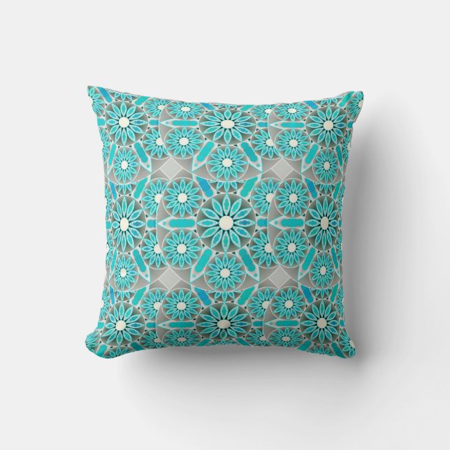 Mandala pattern, turquoise, silver grey and white cushion (Front)