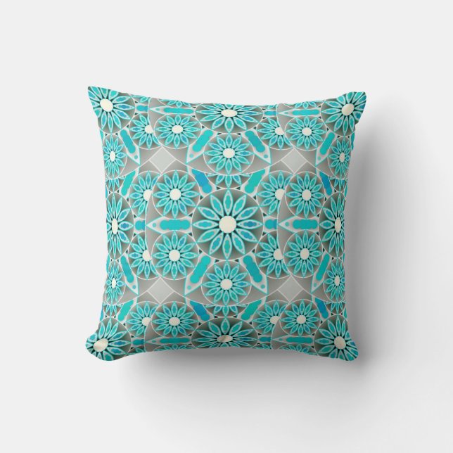 Mandala pattern, turquoise, silver grey and white cushion (Front)