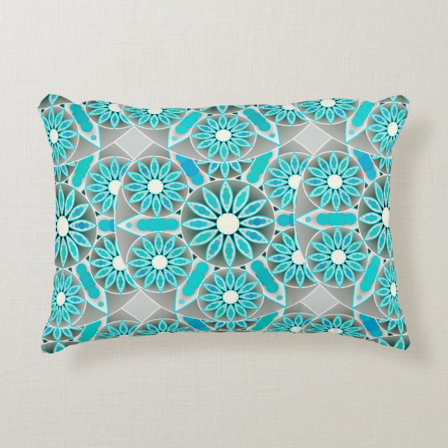 Mandala pattern, turquoise, silver grey and white decorative cushion (Front)