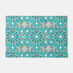 Mandala pattern, turquoise, silver grey and white doormat