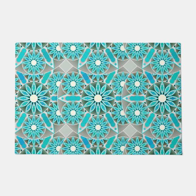 Mandala pattern, turquoise, silver grey and white doormat (Front)