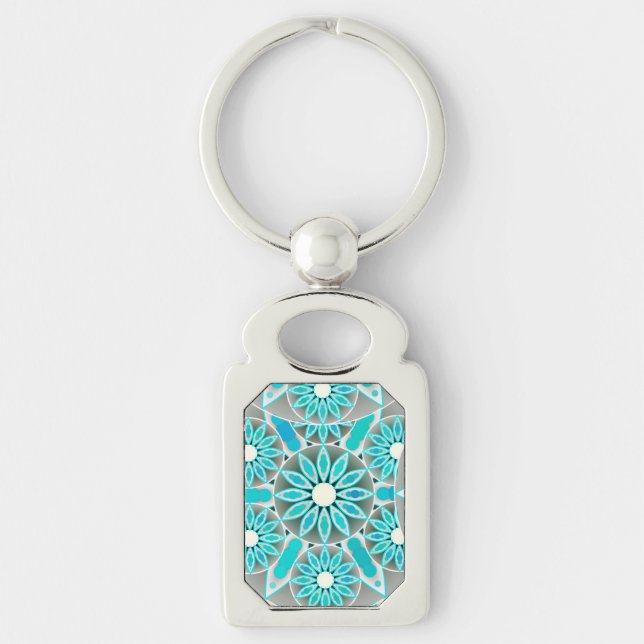 Mandala pattern, turquoise, silver grey and white key ring (Front)