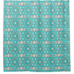 Mandala pattern, turquoise, silver grey and white shower curtain