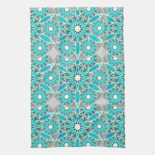 Mandala Pattern, Turquoise, Silver Grey and White Tea Towel