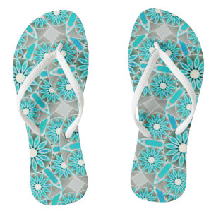 Mandala pattern, turquoise, silver grey and white thongs