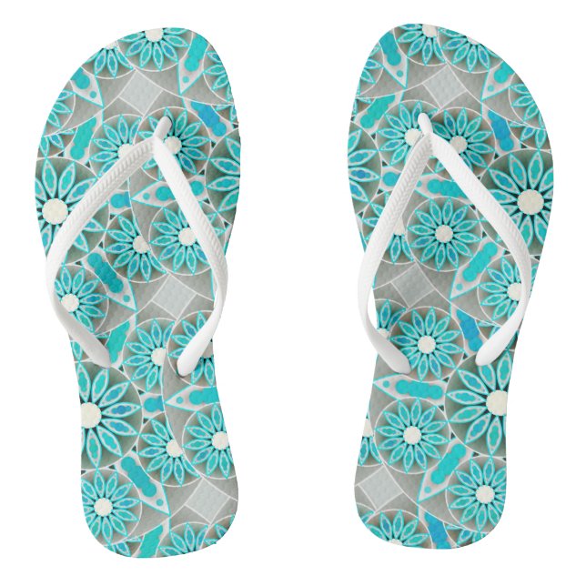 Mandala pattern, turquoise, silver grey and white thongs (Footbed)