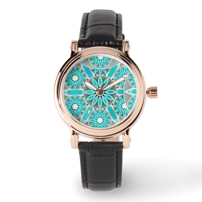 Mandala pattern, turquoise, silver grey and white watch (Front)