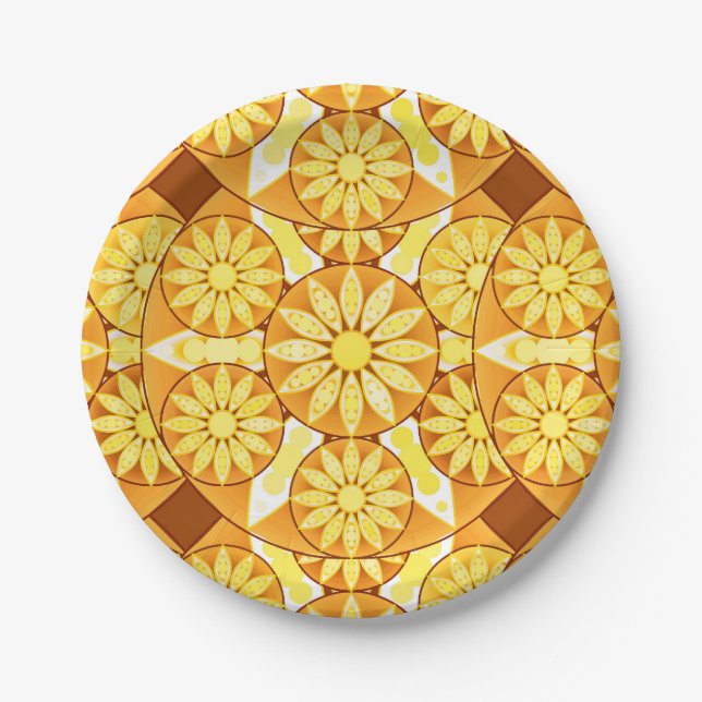 Mandala pattern, yellow, gold and brown paper plate (Front)