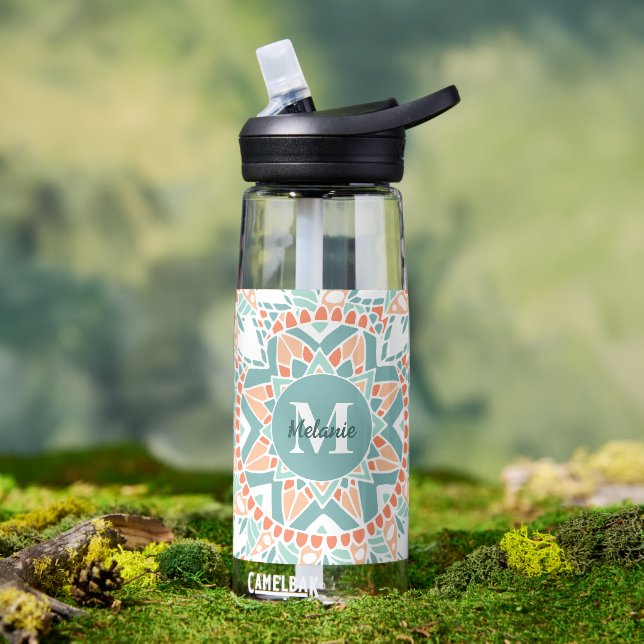 Mandala Peach Teal Monogram Name Water Bottle (Outdoor)