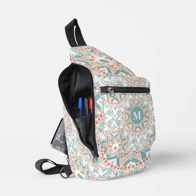 Mandala Peach Teal Pattern Monogram Sling Bag (Open)