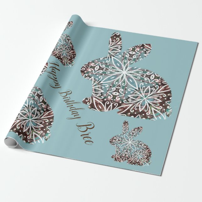 Mandala Rabbit Chocolate and Blues Custom Wrapping Paper (Unrolled)