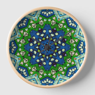 Mandala Retro Mosaic Green Blue Pattern Clock