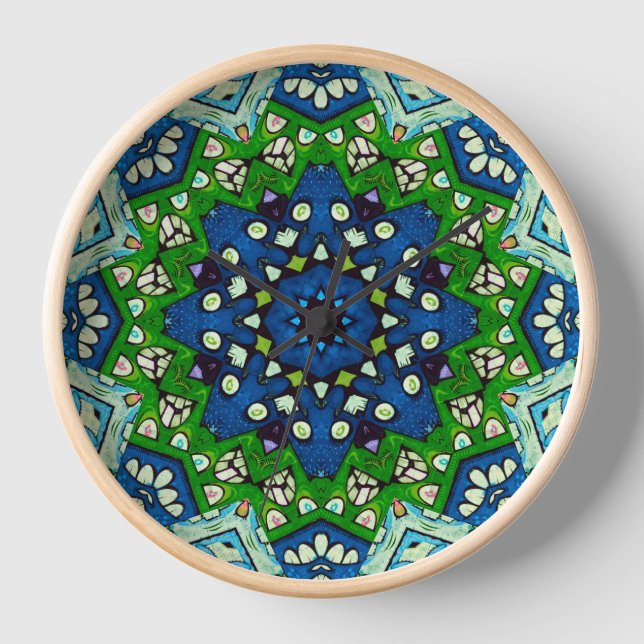 Mandala Retro Mosaic Green Blue Pattern Clock (Front)