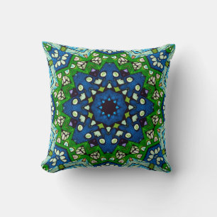 Mandala Retro Mosaic Green Blue Pattern Cushion