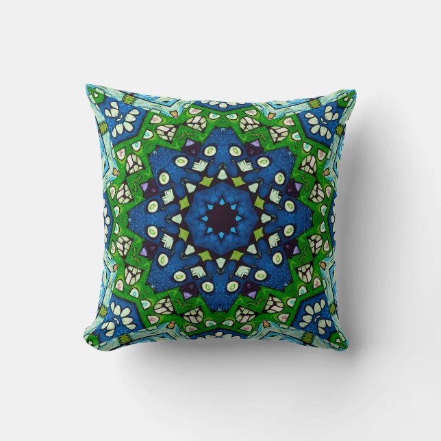 Mandala Retro Mosaic Green Blue Pattern Cushion (Front)