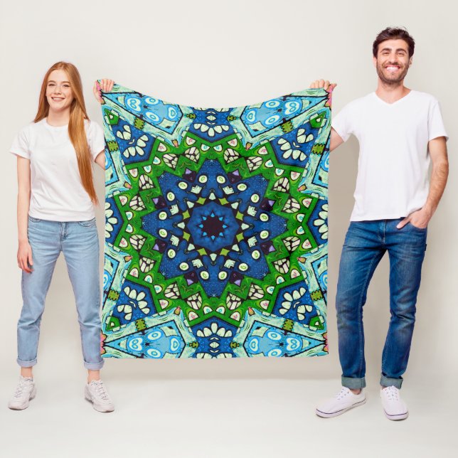 Mandala Retro Mosaic Green Blue Pattern Fleece Blanket (In Situ)