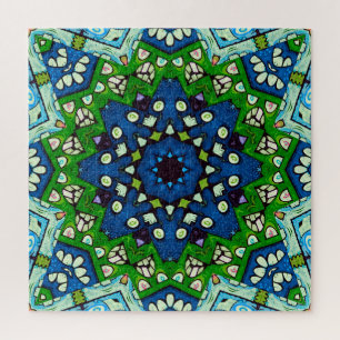 Mandala Retro Mosaic Green Blue Pattern Jigsaw Puzzle