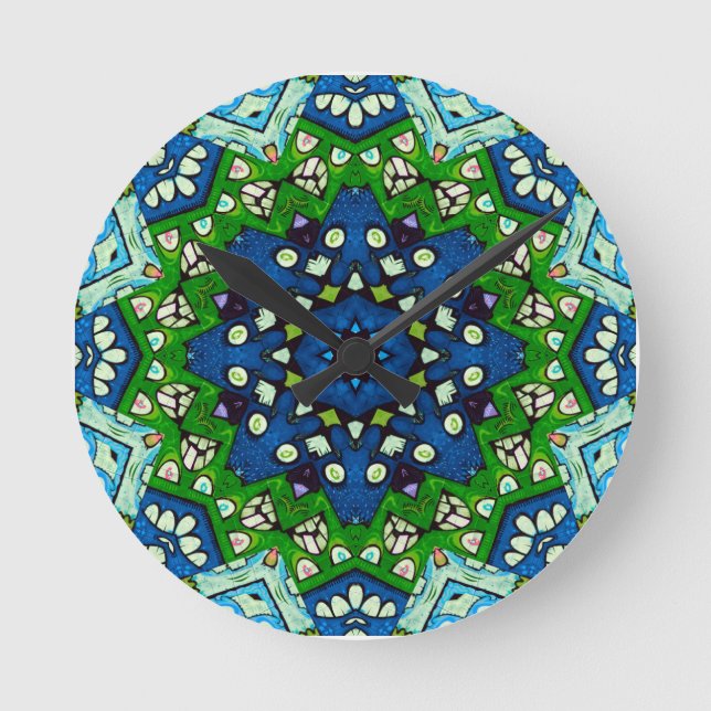 Mandala Retro Mosaic Green Blue Pattern Round Clock (Front)