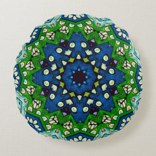Mandala Retro Mosaic Green Blue Pattern Round Cushion