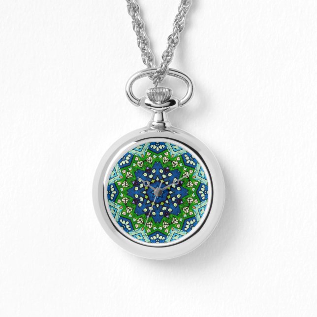 Mandala Retro Mosaic Green Blue Pattern  Watch (Front)
